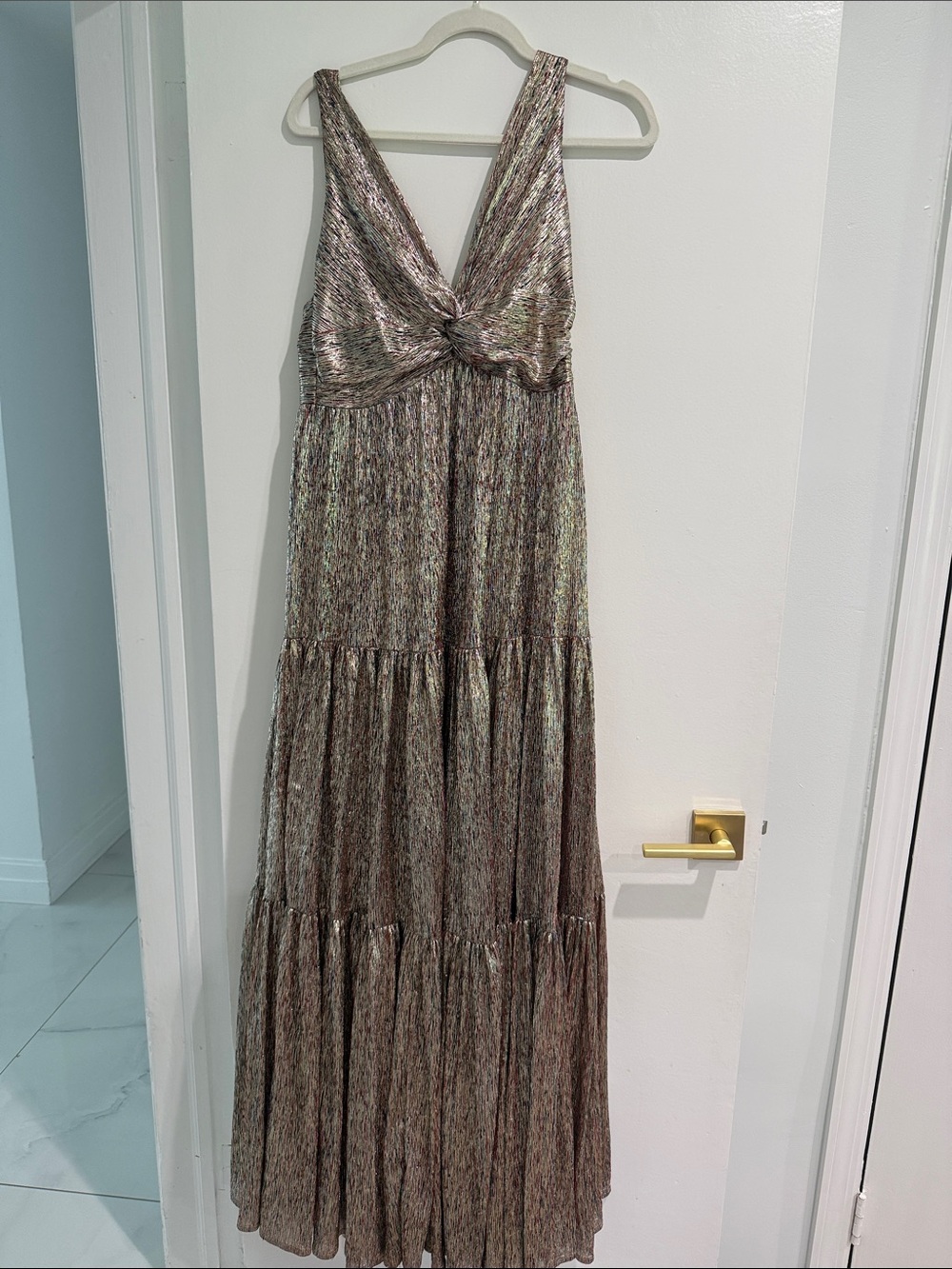 Sabina Musayev Metallic Taupe Twist-Front Maxi Dress